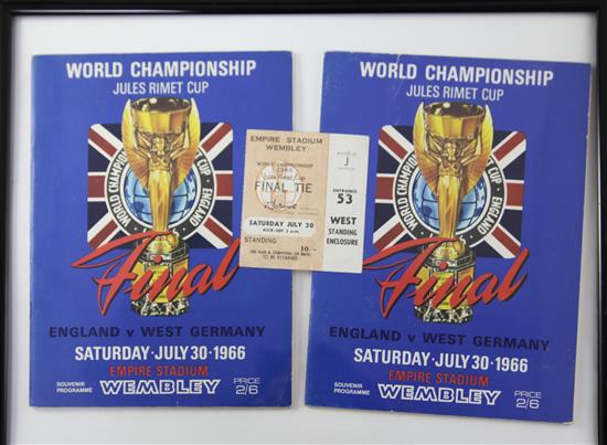 Two 1966 England versus. W. Germany World Cup Final football programmes and one ticket stub,